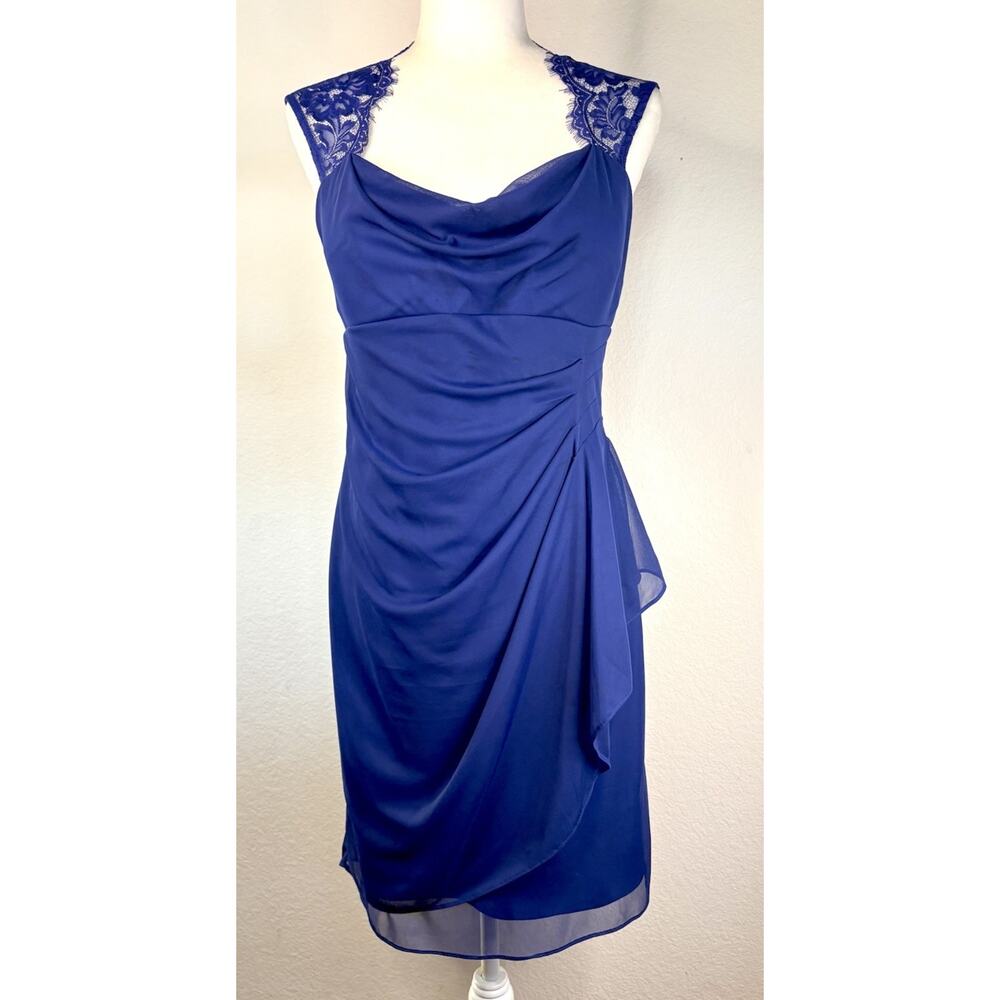 Dressbarn Women’s Cocktail Blue Dress Size 10 Lace Trim Ruched Draped Open Back
